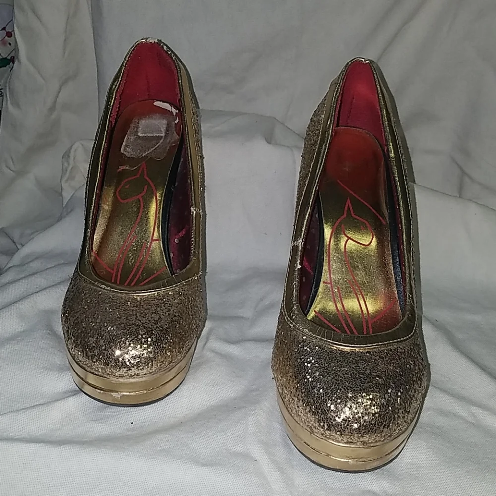 Baby Phat Shoes Gold Sparkle Platform Heel Sz 8 - Picture 2 of 7